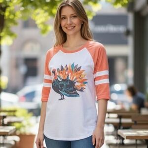 NWT Medium Turkey "Thankful & Blessed" Three-quarter Sleeve Baseball Style Tee